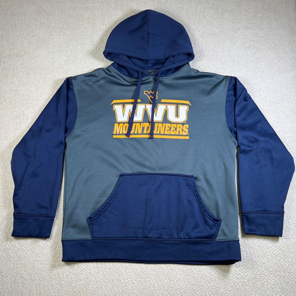 West Virginia Mountaineers WVU Hoodie Mens Large Blue Gray Pullover Fleece Lined